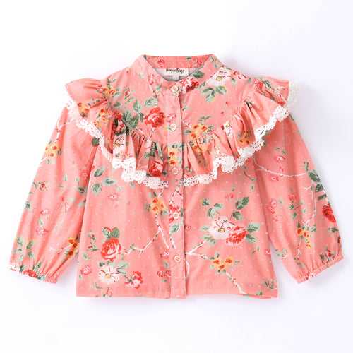 Full Sleeves Seamless Flowers Printed & Frill Detailed Top - Coral Peach