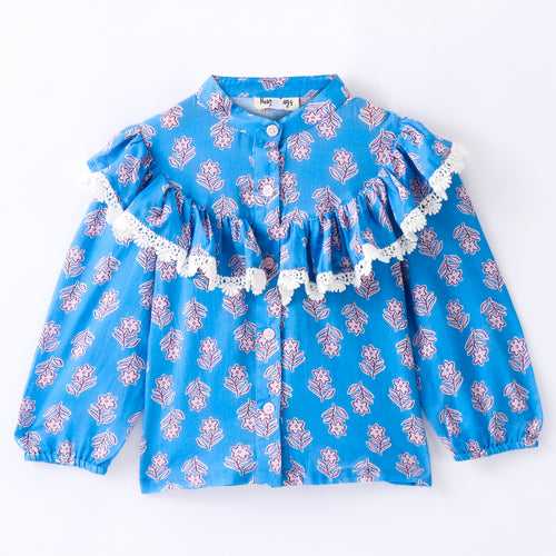 Full Sleeve Flowers Printed & Contrast Lace Yoke Embellished Frill Detailed Top - Blue