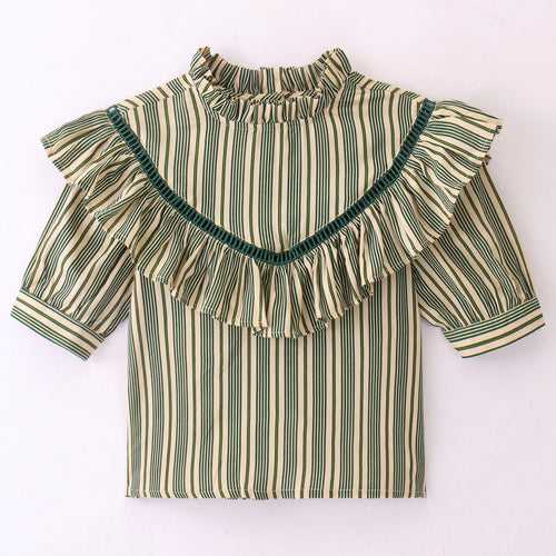 GREEN STRIPE PRINT TOP WITH LADDER LACE INSERT AT YOKE
