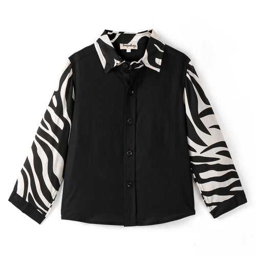 FULL SLEEVE SOLID BUTTON DOWN BLACK SHIRT WITH ZEBRA PRINT SLEEVES
