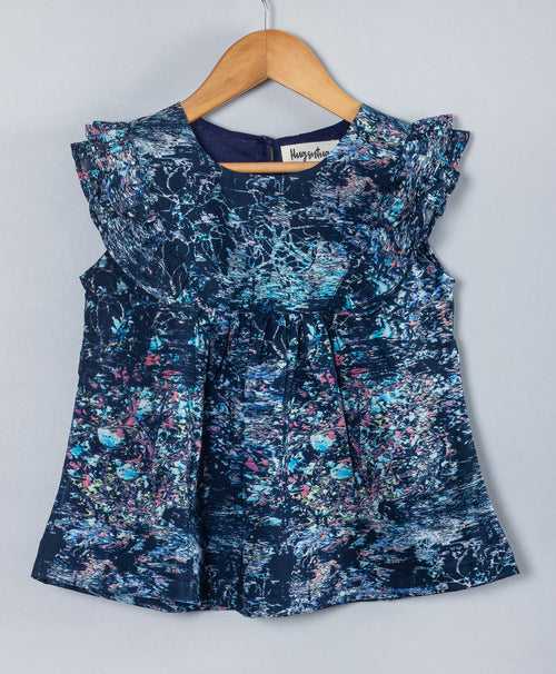 NAVY ALL OVER CHERRY BLOSSOM PRINT TOP WITH FRILL ALONG THE YOKE