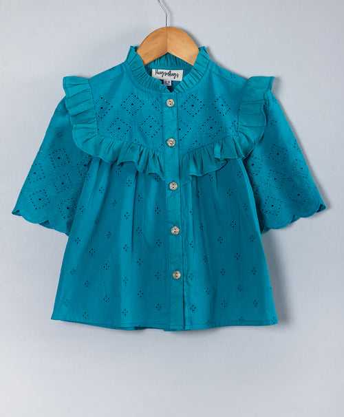 TEAL BLUE SCHIFFLI TOP WITH SHORT SLEEVES