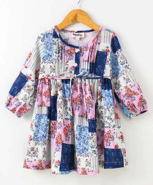 Full Sleeves Floral Patch Work Embellished & Pintuck Fit & Flare Dress - Blue