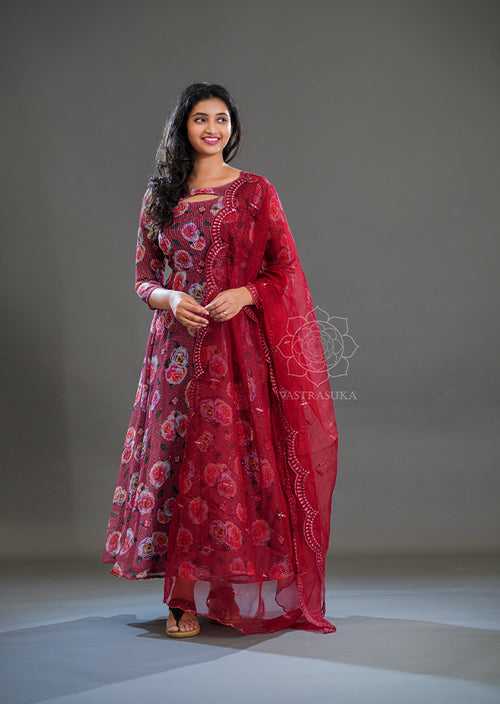 Burgundy Floral Sequins Anarkali