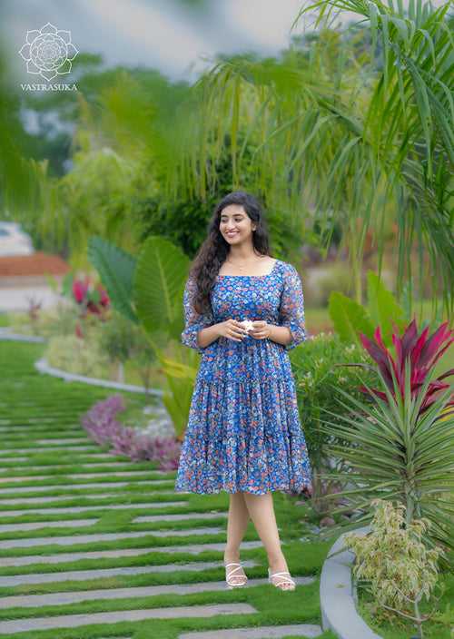 Yale Blue Kalamkari Short Dress