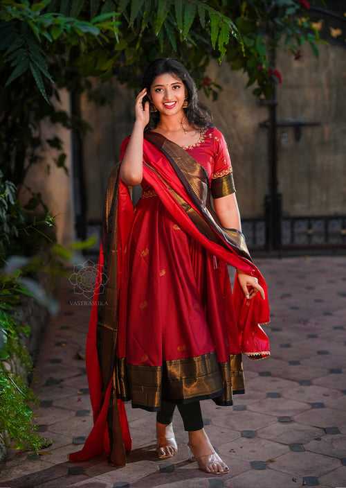 Red Soft Silk Anarkali Set