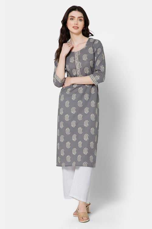 Mythri Women's Casual Kurthi with Patchwork And Minimalistic Embroidery - Grey - E032