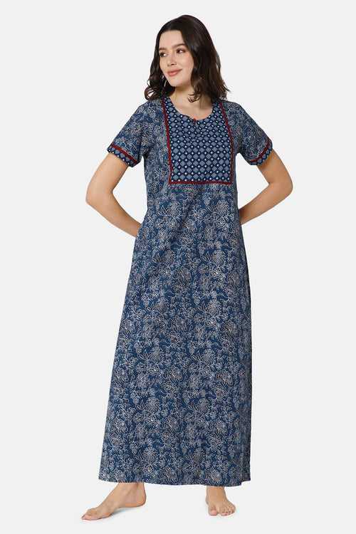 Naidu Hall A-line Women's Nighty Full Length Half Sleeve  - Blue - R142