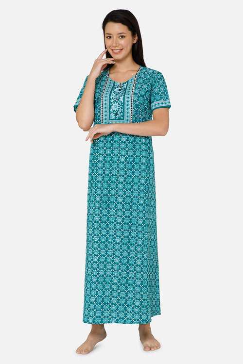 Naidu Hall A-line Women's Nighty Full Length Half Sleeve  - Green - R136