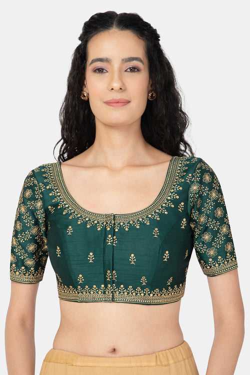 Naidu Hall Ethnic Saree Blouse with Round Neck Elbow Sleeves - Bottle Green