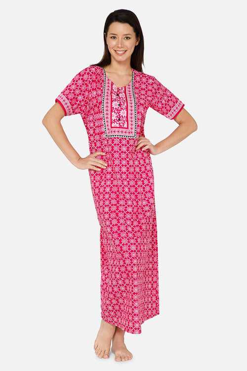 Naidu Hall A-line Women's Nighty Full Length Half Sleeve  - Pink - R136