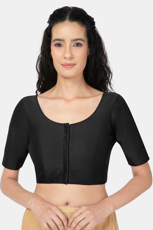 Naidu Hall Ethnic Raw Silk Saree Blouse with Round Neck Elbow Sleeves - Black