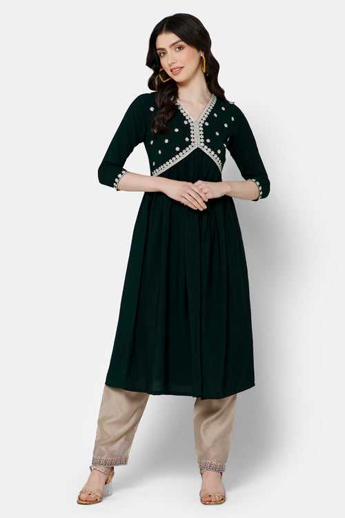 Mythri Women's Ethnic wear Kurthi with Elaborately Embroidered Neckline - Dark green - E067