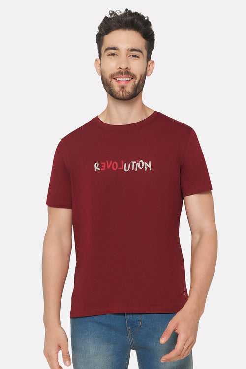 Enhance Men's Printed Crew Neck Casual T-Shirt - Maroon - TS33