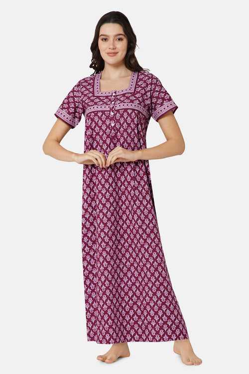 Naidu Hall Pleated Women's Nighty Full Length Half Sleeve  - Magenta - R134