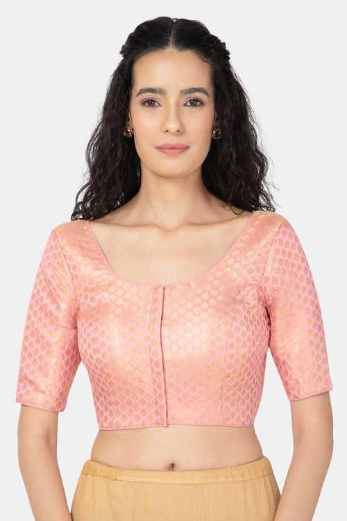 Naidu Hall Ethnic Jacquard Saree Blouse with Round Neck Elbow Sleeve - Peach