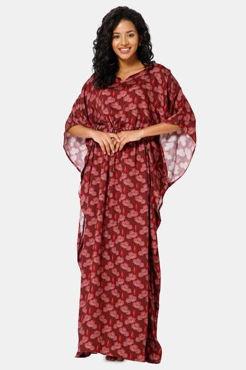 Naidu Hall  Round Neck Kaftan Style Printed Nighty-Red - NT27