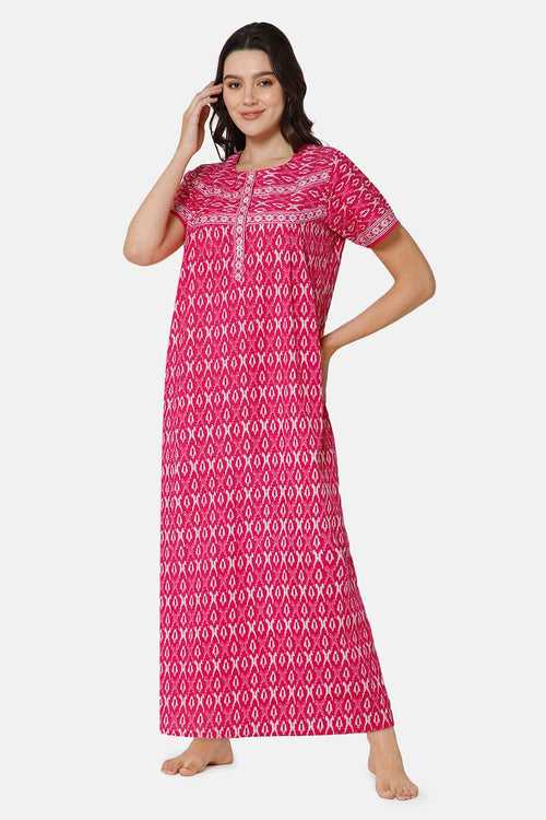 Naidu Hall A-line Front Open Women's Nighty Full Length Half Sleeve  - Pink - R131