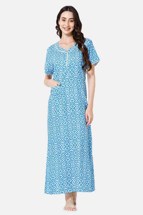 Naidu Hall Cotton Round Neck V Variation Short Sleeve Nighty - Blue - NT46