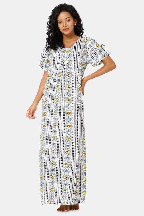 Naidu Hall  Round Neck Box Pleatted Short Sleeve Printed Nighty-White - NT44