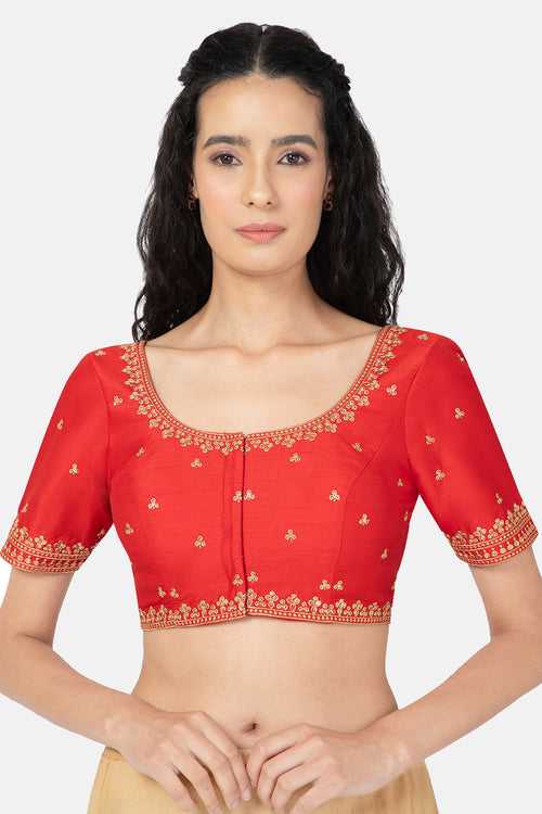 Naidu Hall Ethnic Saree Blouse with U-Neck Elbow Sleeves - Red