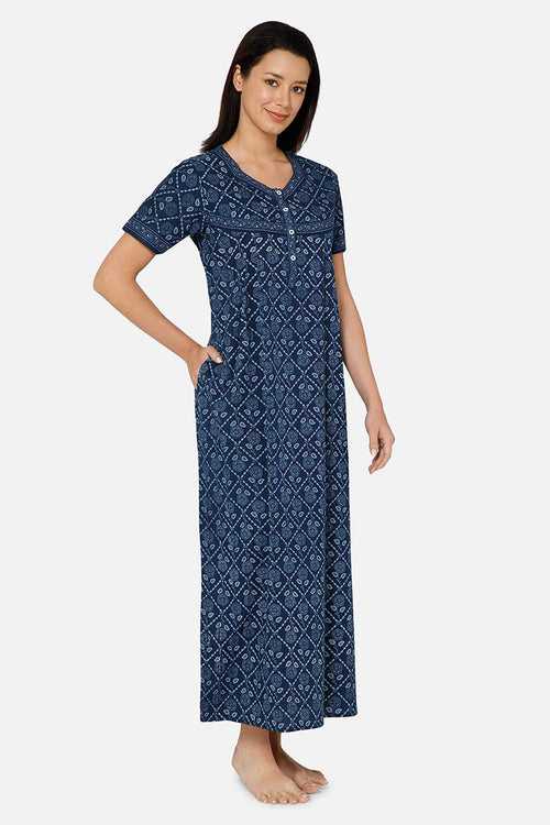 Naidu Hall A-line Front Open Women's Nighty Full Length Half Sleeve  - Blue - R133