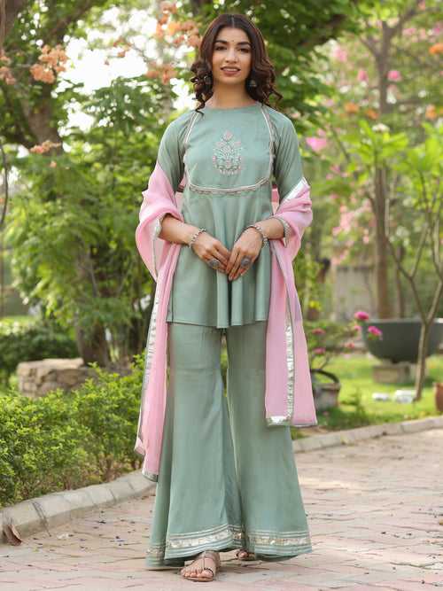 Olive Green Peplum Short Kurta With Sharara And Organza Dupatta