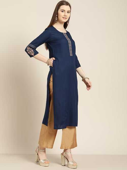 Blue Solid Embroidered Straight Kurta