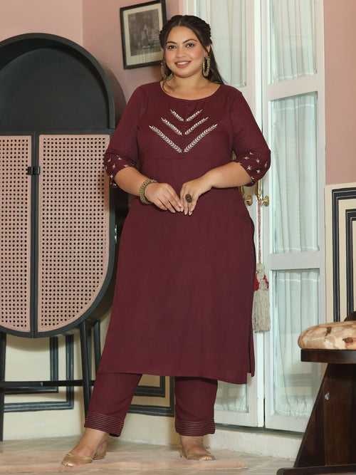 Wine Zari Embroidery Straight Kurta With Palazzos