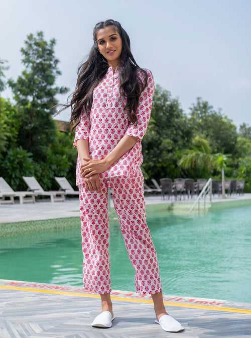 White Ethnic Print Cotton Loungewear Set With Side Pockets