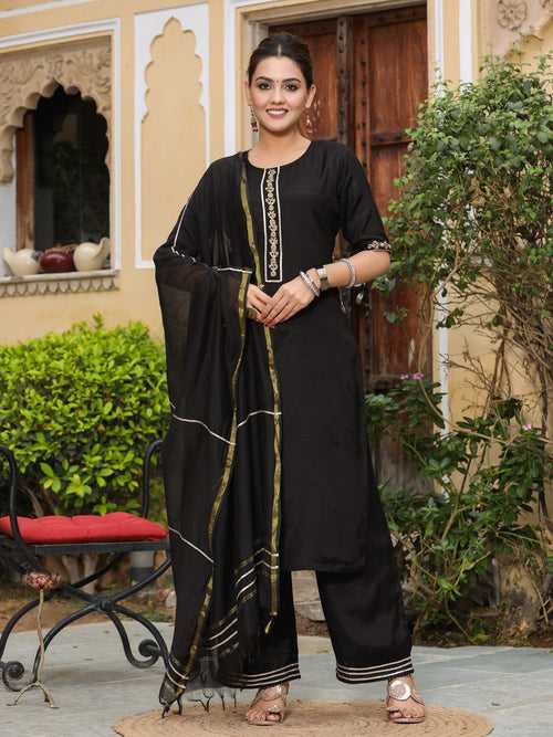 Black Solid Straight Kurta With Palazzo And Chanderi Dupatta