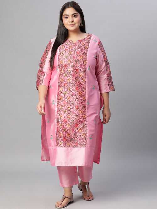 Pink Ethnic Print Chanderi Straight Kurta With Pants