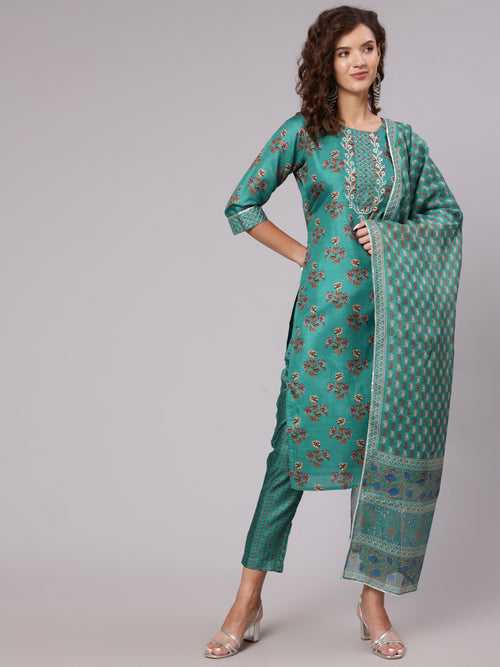 Tussar Silk Digital Printed Zari Embroidered Kurta With Palazzo And Dupatta