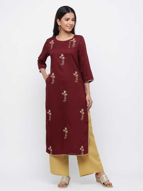 Maroon & Beige Solid Straight Viscose Rayon Kurta With Palazzo