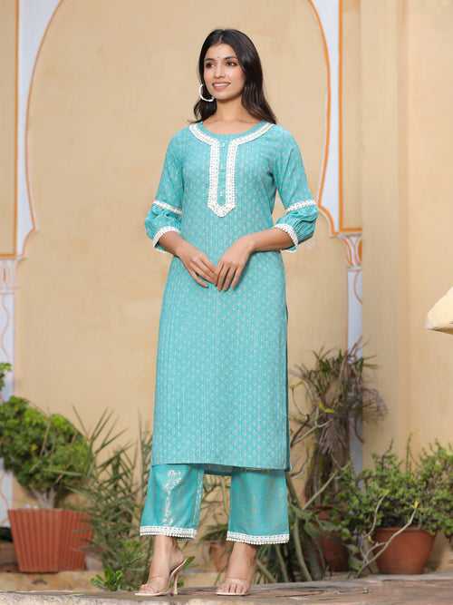 Blue Ethnic Motifs Print Straight Kurta With Palazzos