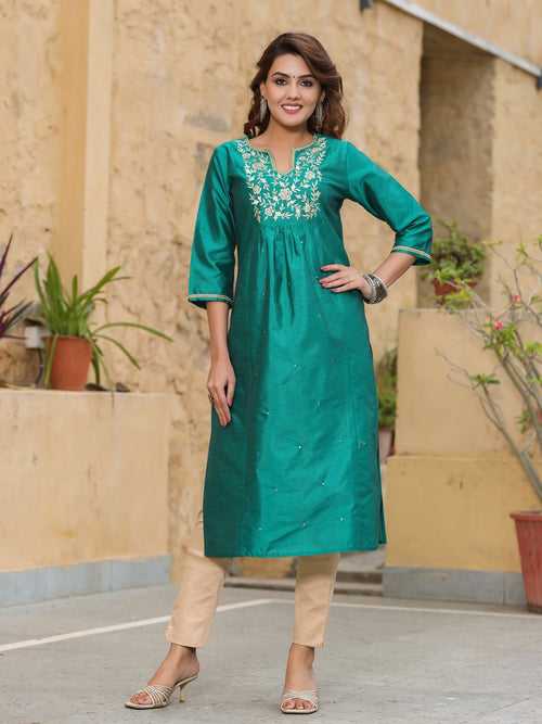 Zari Embroidery Green Straight Kurta