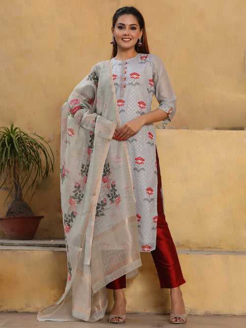 Dusty Blue Floral Printed Chanderi Silk Kurta With Pants And Dupatta