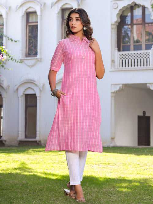 Pink Self Weave Straight Cotton Blend Kurta With Pant