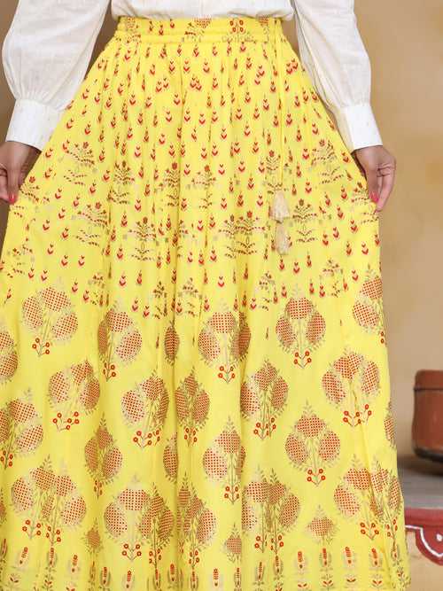 Yellow Gold Printed Maxi Flared Skirt