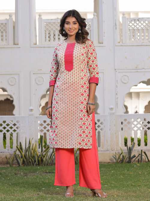 Beige Ethnic Print Straight Cotton Kurta With Palazzos