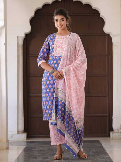 Blue Ethnic Motifs Print Cotton Kurta With Palazzos & Dupatta