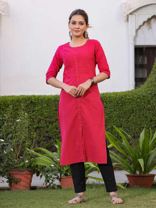 Pink Solid Straight Cotton Slub Kurta With Black Pants