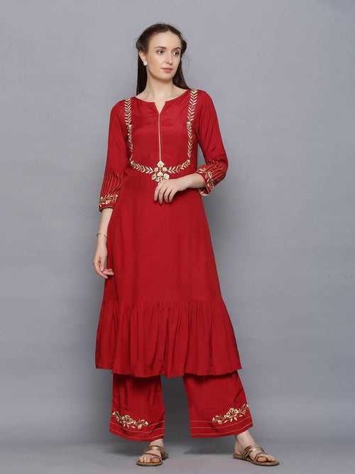 Amaiva Gathered A-Line Embroidered Kurta And Embroidered Palazzo Set Set