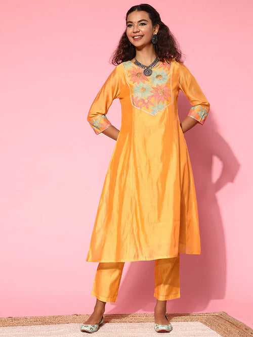 Yellow Chanderi Embroidered A-Line Princess-Cut Kurta With Pants