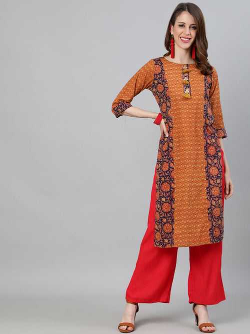 Mustard Ethnic Print Straight Cotton Kurta With Palazzo