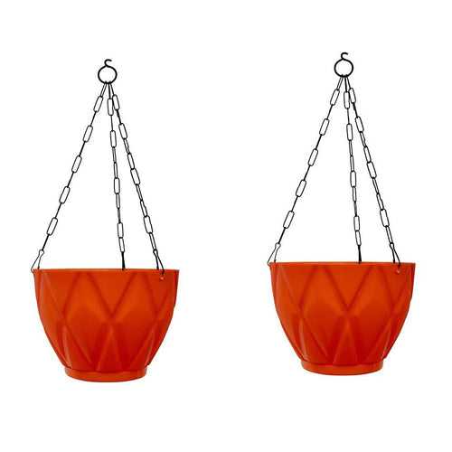 (Set of 2) Hanging Solitaire Pot with Chain and Drain Base for Home Garden, Red