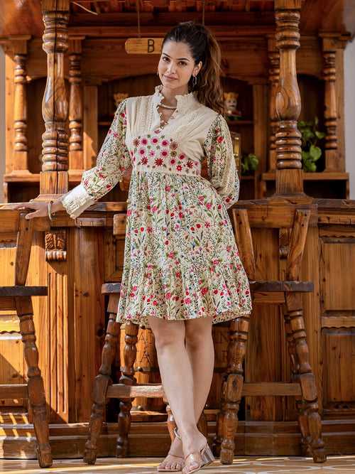 Blossom Bliss: Cotton Embroidery Short Gown