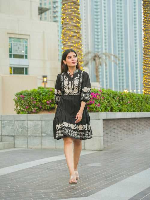 Midnight Blooms: Black Cotton Short Dress