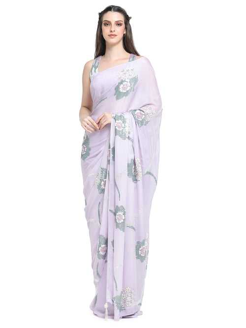 Lilac sequins emb satin chiffon saree with emb blouse
