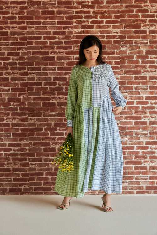 Light green and grey color blocked check embroidered midi
